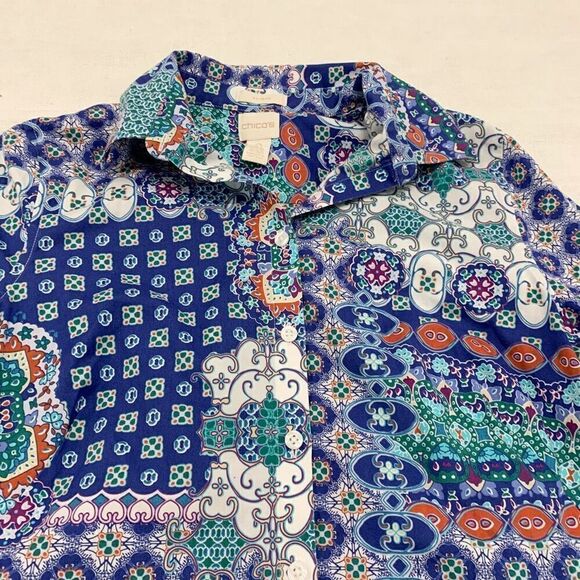 Chico’s 0 non iron 3/4 sleeves button down tunic shirt shacket pockets mosaic - Picture 3 of 11